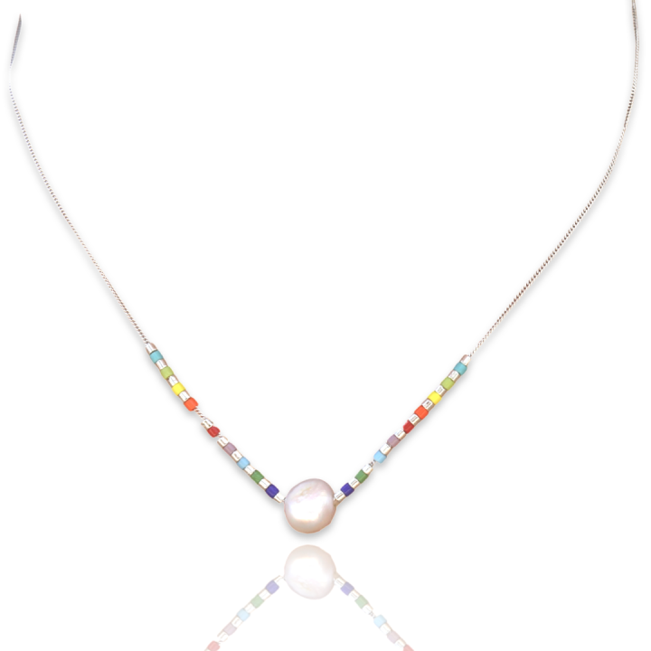 Magic Pearl and Colorful beads silver Necklace