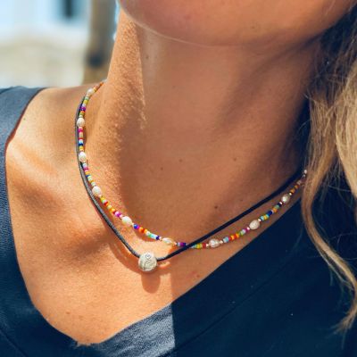 Set of Be Strong Black Cord Silver Pendant and a Colorful beads pearl Necklaces